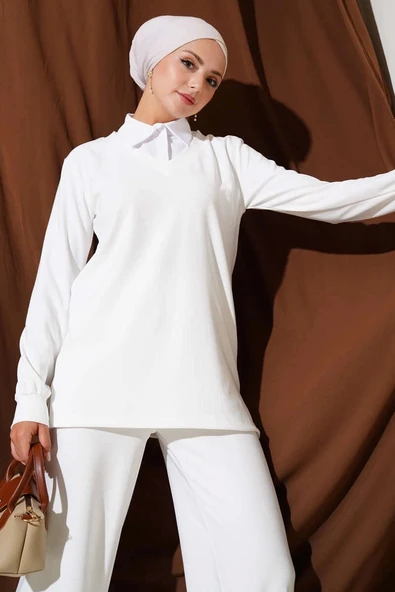 BİÇOMİ Gömlek Yaka Fitilli Salaş İkili Takım beyaz T4300 - Resim 4