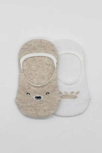 2'li Babet Cute Face Penye Çorap 30103 Bej Beyaz - Resim 6