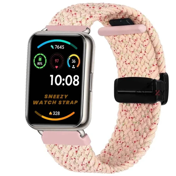 Sneezy Huawei Watch Fit 2  İle Uyumlu FiberLink Manyetik Tokalı Kumaş Örgü Kordon  Pudra ürün görseli