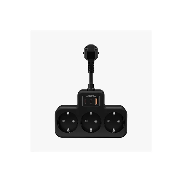 Çoklu Kablolu Priz Yüksek Gerilim Korumalı 3’lü Priz 1x Usb 2x Type-c Çıkışlı Grup Priz Çoğaltıcı Siyah