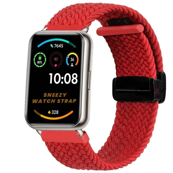 Sneezy Huawei Watch Fit 2  İle Uyumlu FiberLink Manyetik Tokalı Kumaş Örgü Kordon  Kırmızı ürün görseli