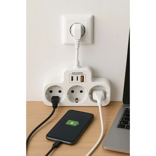 Çoklu Kablolu Priz Yüksek Gerilim Korumalı 3’lü Priz 1x Usb 2x Type-c Çıkışlı Grup Priz Çoğaltıcı Siyah - 4