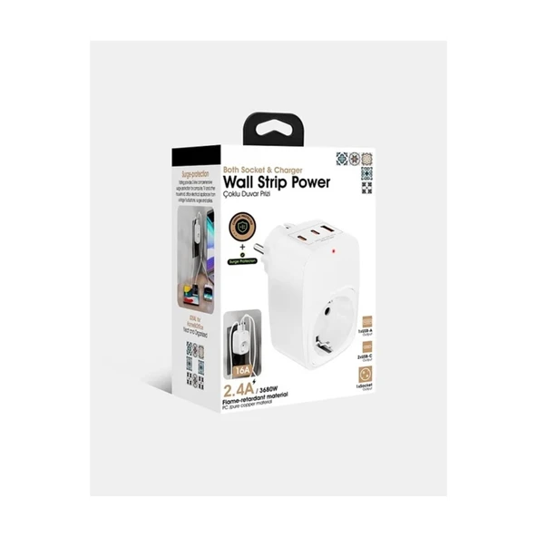 Tekli Yüksek Voltaj Korumalı Duvar Prizi 2x Type-c 1x Usb Çıkışlı Priz Grup Priz Çoğaltıcı Siyah - 4