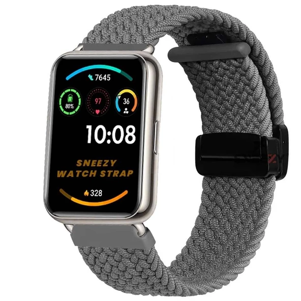 Sneezy Huawei Watch Fit 2  İle Uyumlu FiberLink Manyetik Tokalı Kumaş Örgü Kordon  Koyu Gri ürün görseli 1