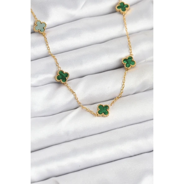 Gold Renk 316 L Çelik Zincir Yeşil Baby Boy Yonca Kadın Kolye Vice-5353