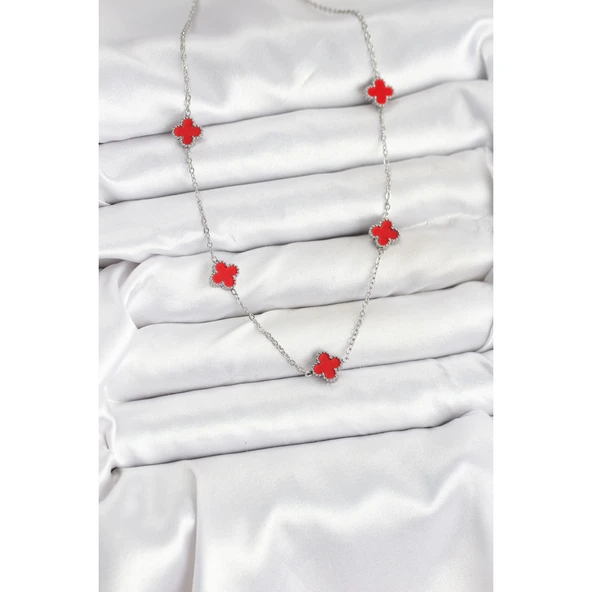 Gümüş Renk 316 L Çelik Zincir  Kırmızı Baby Boy Yonca Kadın Kolye Vice-5353 - 2