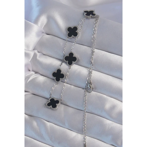 316L Çelik Gümüş Renk Siyah Mineli Yonca Kolye - 2