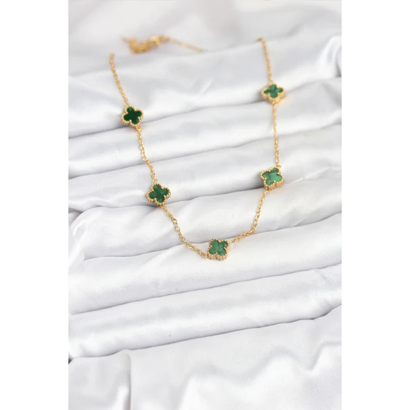 Gold Renk 316 L Çelik Zincir Yeşil Baby Boy Yonca Kadın Kolye Vice-5353 - 2