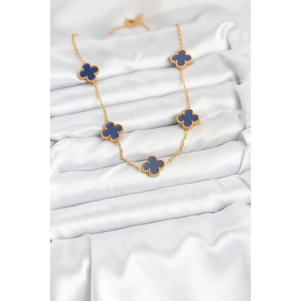 Gold Renk 316 L Çelik Zincir Lacivert Yonca Kadın Kolye Vice-5353 - 2