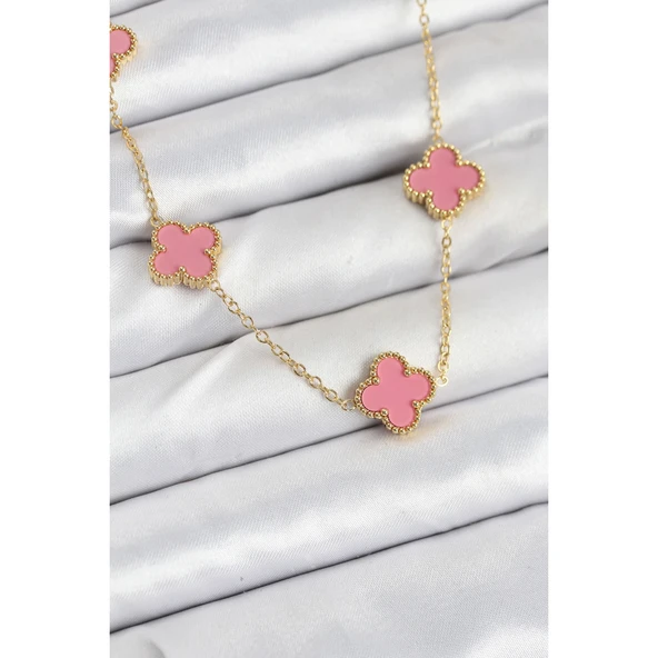 316L Çelik Zincir Gold Pembe Renk Yonca Kadın Kolye Vice-5353