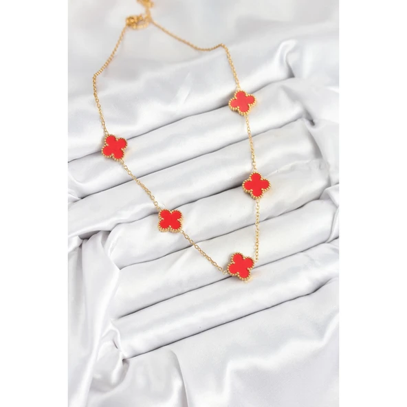 316L Çelik Zincir Gold Kırmızı Renk Yonca Kadın Kolye Vice-5353 - 2