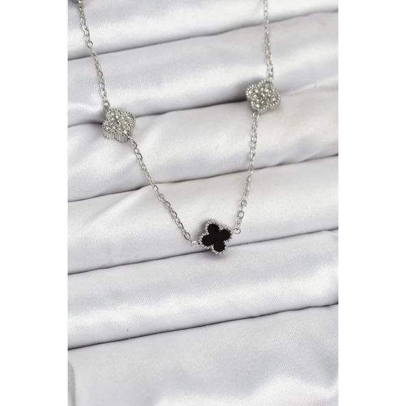 Gümüş Renk 316 L Çelik Zincir  Siyah ve Zirkon Taşlı Baby Boy Yonca Kadın Kolye Vice-5353