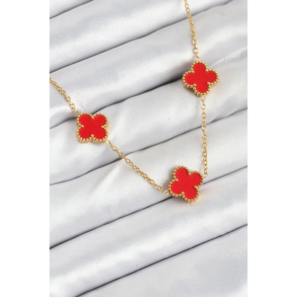 316L Çelik Zincir Gold Kırmızı Renk Yonca Kadın Kolye Vice-5353