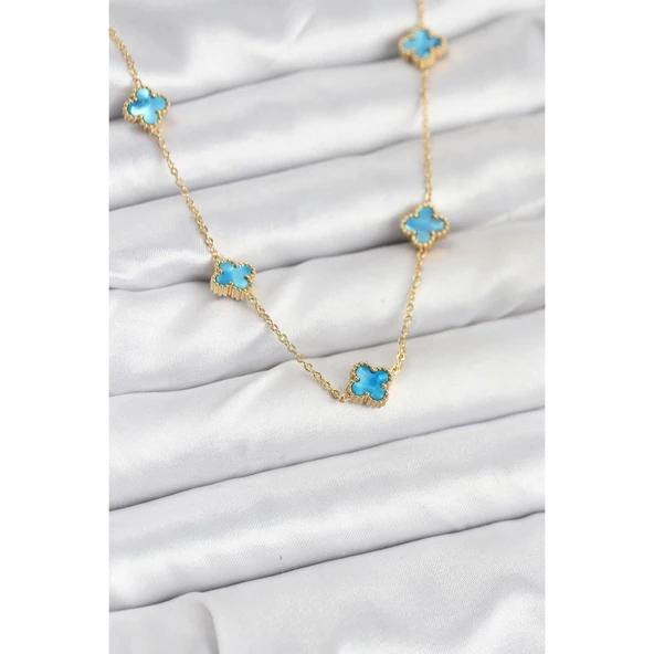 Gold Renk 316 L Çelik Zincir Buz Mavisi Baby Boy Yonca Kadın Kolye Vice-5353