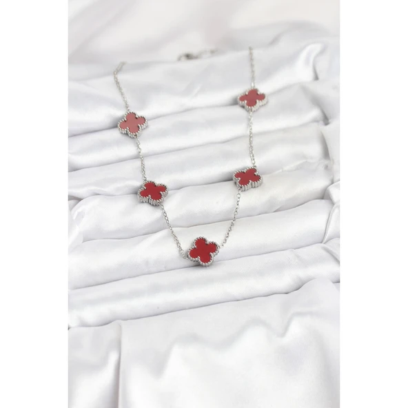 Gümüş Renk 316 L Çelik Zincir  Bordo Renk Yonca Kadın Kolye Vice-5353 - 2