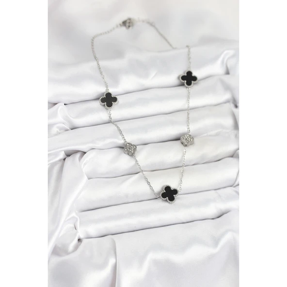 Gümüş Renk 316 L Çelik Zincir  Siyah ve Zirkon Taşlı Yonca Kadın Kolye Vice-5353 - 2