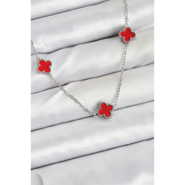 Gümüş Renk 316 L Çelik Zincir  Kırmızı Baby Boy Yonca Kadın Kolye Vice-5353