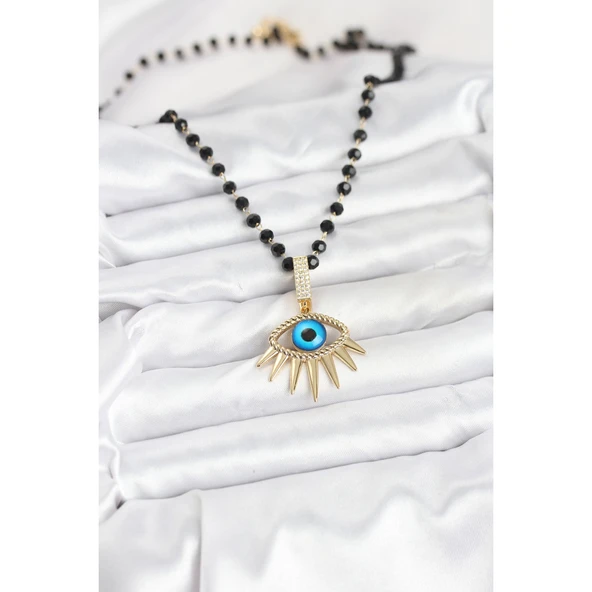 316L Çelik Zincir Kristal Boncuklu Göz Model Kadın Kolye Vice-5353 - 2