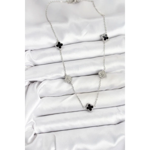 Gümüş Renk 316 L Çelik Zincir  Siyah ve Zirkon Taşlı Baby Boy Yonca Kadın Kolye Vice-5353 - 2