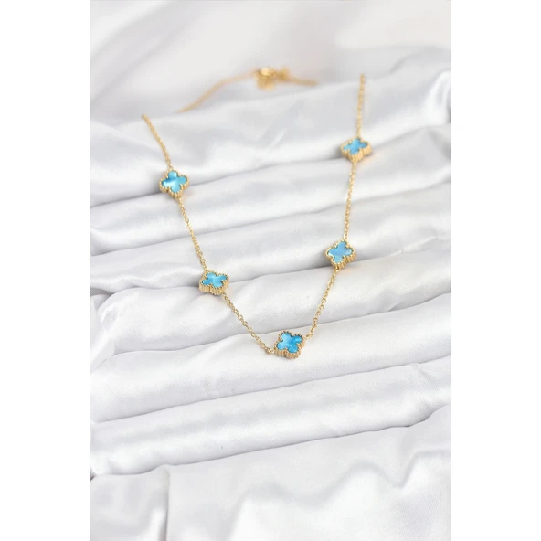 Gold Renk 316 L Çelik Zincir Buz Mavisi Baby Boy Yonca Kadın Kolye Vice-5353 - 2