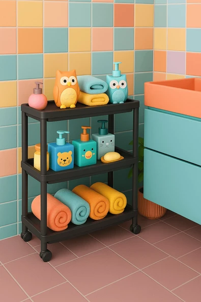 Flex Elite Pro 3 Katlı Mat Siyah Tekerlekli Çok Amaçlı Raf Ünitesi – Banyo, Mutfak & Organizer - S-81.1 - 3