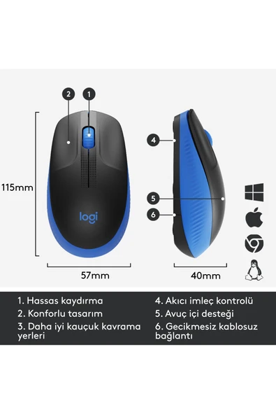 Logitech M191 Büyük Boy USB Alıcılı 1000 DPI Kablosuz Mouse - Mavi - Resim 5