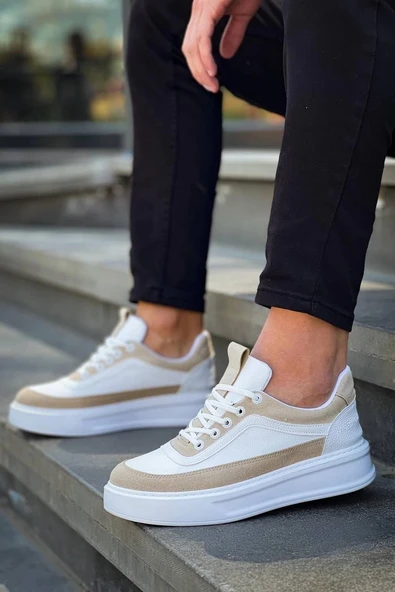 BİÇOMİ KB-006 Kuback Beyaz Cilt Bej Süet  Yüksek Taban Bağcıklı Günlük Erkek Ayakkabı - Resim 2