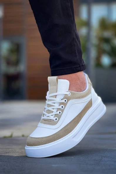 BİÇOMİ KB-006 Kuback Beyaz Cilt Bej Süet  Yüksek Taban Bağcıklı Günlük Erkek Ayakkabı - Resim 5