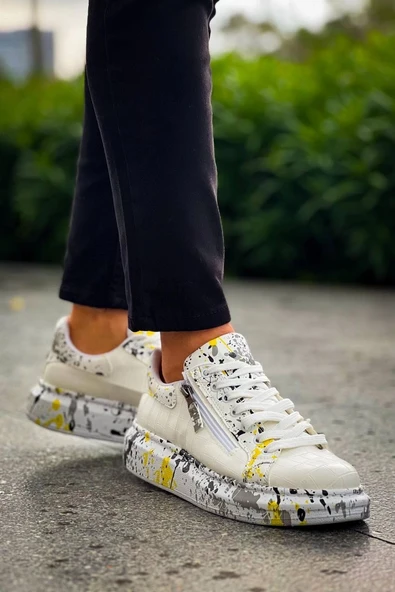 BİÇOMİ KB-02  Kuback  Bağcıklı Crocodile Beyaz Sarı Günlük Erkek Ayakkabı - Resim 4