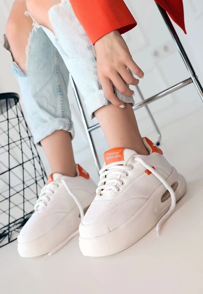 BİÇOMİ Chris Beyaz Cilt Turuncu Detaylı Bağcıklı Spor Ayakkabı - Resim 3