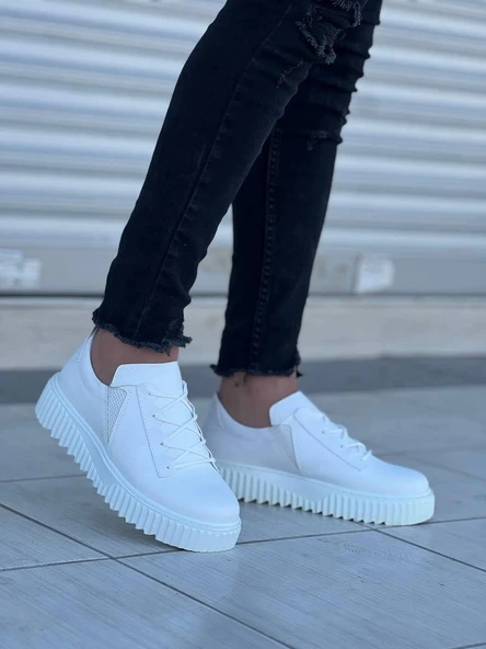 BİÇOMİ KB-X502  Kuback Beyaz Cilt Yüksek Beyaz Taban Bağcık Detaylı Lastikli Günlük Erkek Ayakkabı - Resim 4