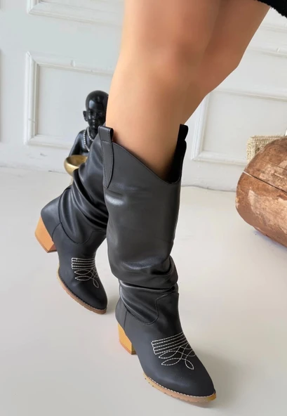 BİÇOMİ Jeoni Siyah Cilt Topuklu Çizme - Resim 3