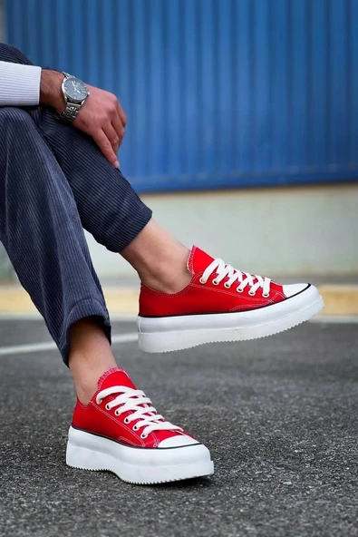 BİÇOMİ KB-CX-3 Kuback Kısa Kırmızı Keten Beyaz Yüksek Taban Spor Ayakkabı - Resim 3