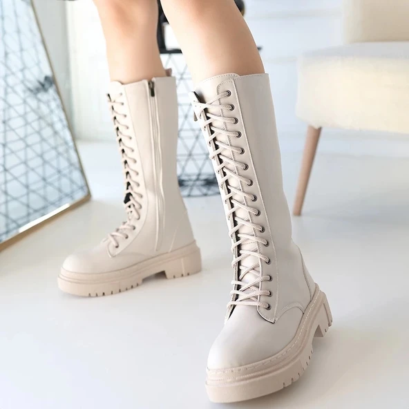 BİÇOMİ Mennd Bej Cilt Bağcıklı Çizme - Resim 4