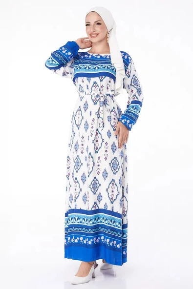 BİÇOMİ Düz Bisiklet Yaka Kadın Mavi Etnik Desenli Elbise - Resim 3