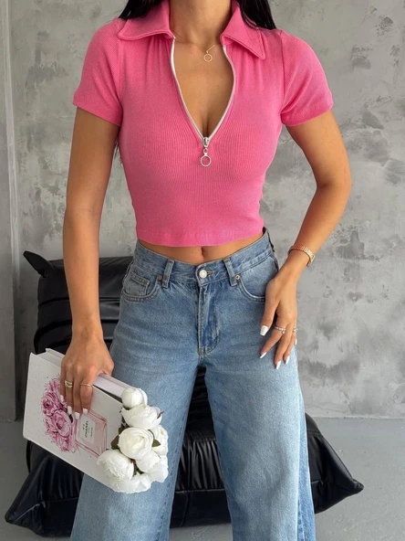 BİÇOMİ kaşkorse yaka fermuarlı bluz fuşya ürün görseli