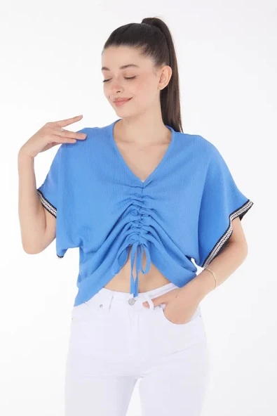 BİÇOMİ V yaka büzgülü detaylı bluz - Resim 5