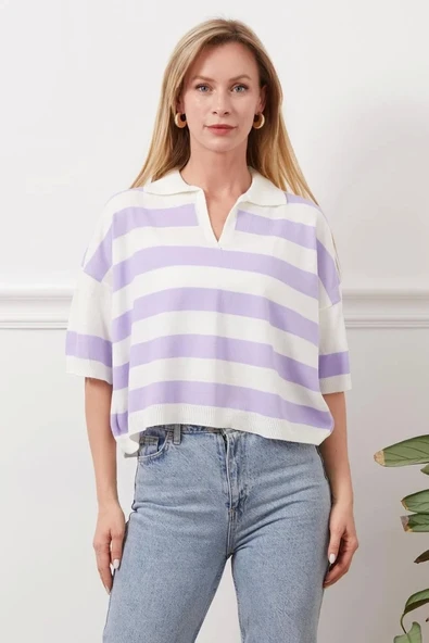 BİÇOMİ Gömlek yaka çizgili triko tişört