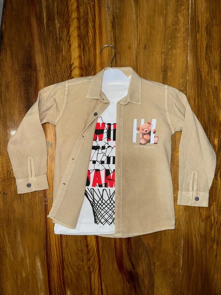 BİÇOMİ 4-8 yaş tişört gömlek kombini vizon