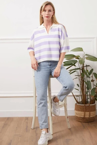 BİÇOMİ Gömlek yaka çizgili triko tişört - 4