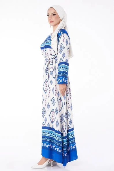 BİÇOMİ Düz Bisiklet Yaka Kadın Mavi Etnik Desenli Elbise - Resim 2