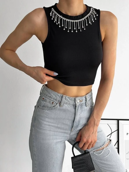 BİÇOMİ fitilli kaşkorse yakası zincirli atlet siyah - Resim 5