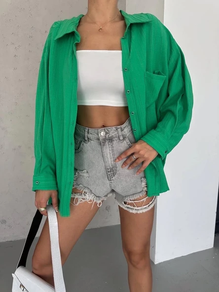 BİÇOMİ Ağaç kabuğu oversize arkası pileli gömlek - Resim 3