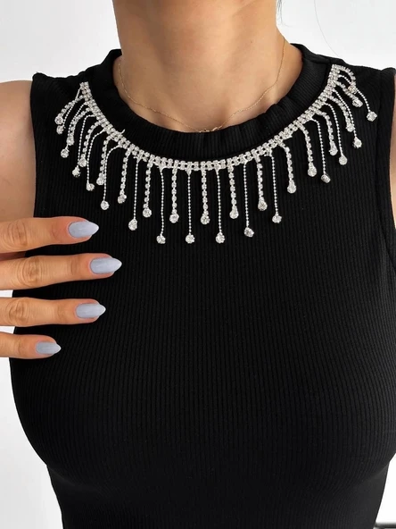 BİÇOMİ fitilli kaşkorse yakası zincirli atlet siyah - Resim 6