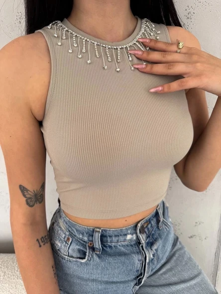 BİÇOMİ fitilli kaşkorse yakası zincirli atlet vizon ürün görseli