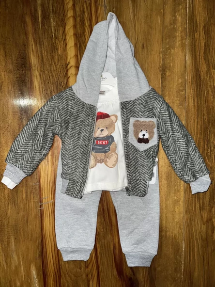 BİÇOMİ 6-24 aylık ceketli kapşonlu üçlü takım gribeyaz ürün görseli