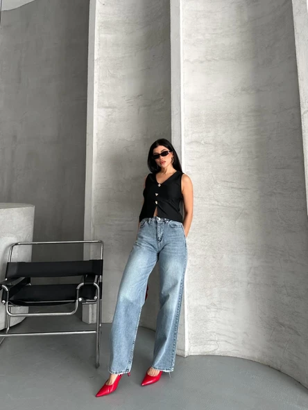 Palazzo straight kar yıkama jeans pantolon mavi d2008 ürün görseli 1