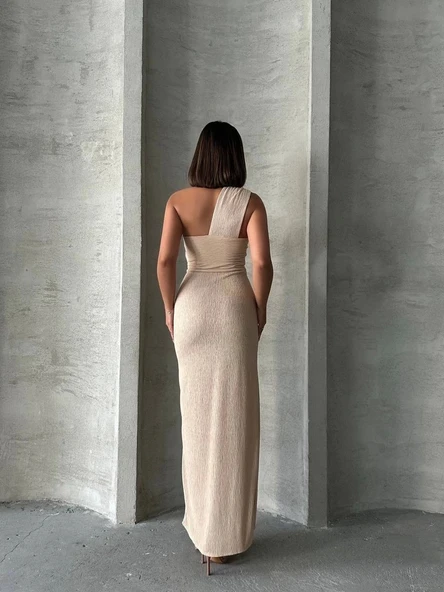 BİÇOMİ Tek omuz pliseli elbise - Resim 6