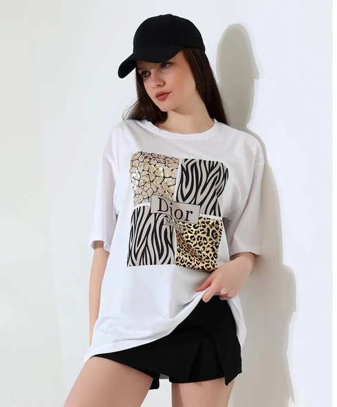 BİÇOMİ Karma desenli oversize tişört ürün görseli