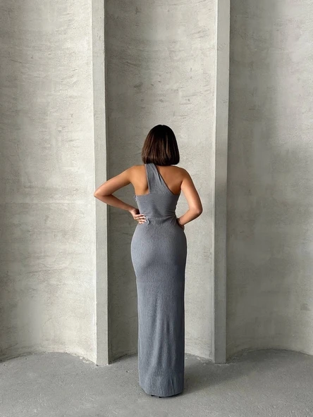 BİÇOMİ Tek omuz pliseli elbise - Resim 7